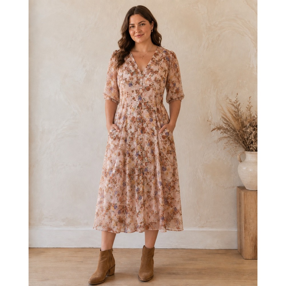 Sundance Women's Size 14 Sonora Bloom Silk Floral Midi Dress Boho
